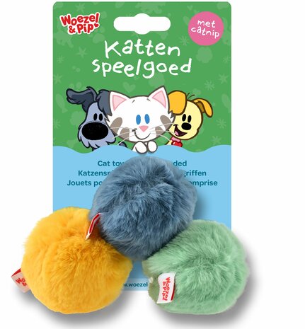 Woezel &amp; Pip speelbal pluche+catnip kaart a 3 st.5cm