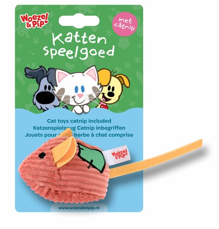 Woezel &amp; Pip muis+patch corduroy+catnip+bel rood 8cm