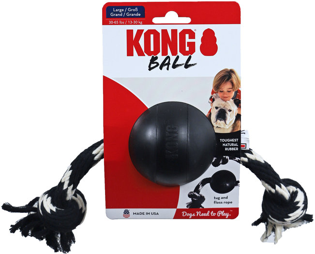 Kong Extreme rubber Ball met touw zwart, large huisdierspecialisten